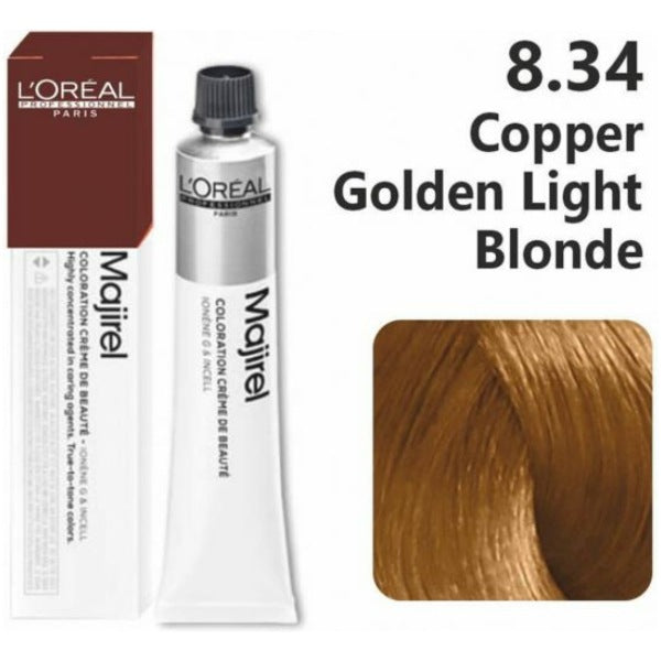 Loreal Majirel Hair Color 50G 8.34 Copper Golden Light Blonde + Oxidant 1000Ml Combo - Beauty Rush