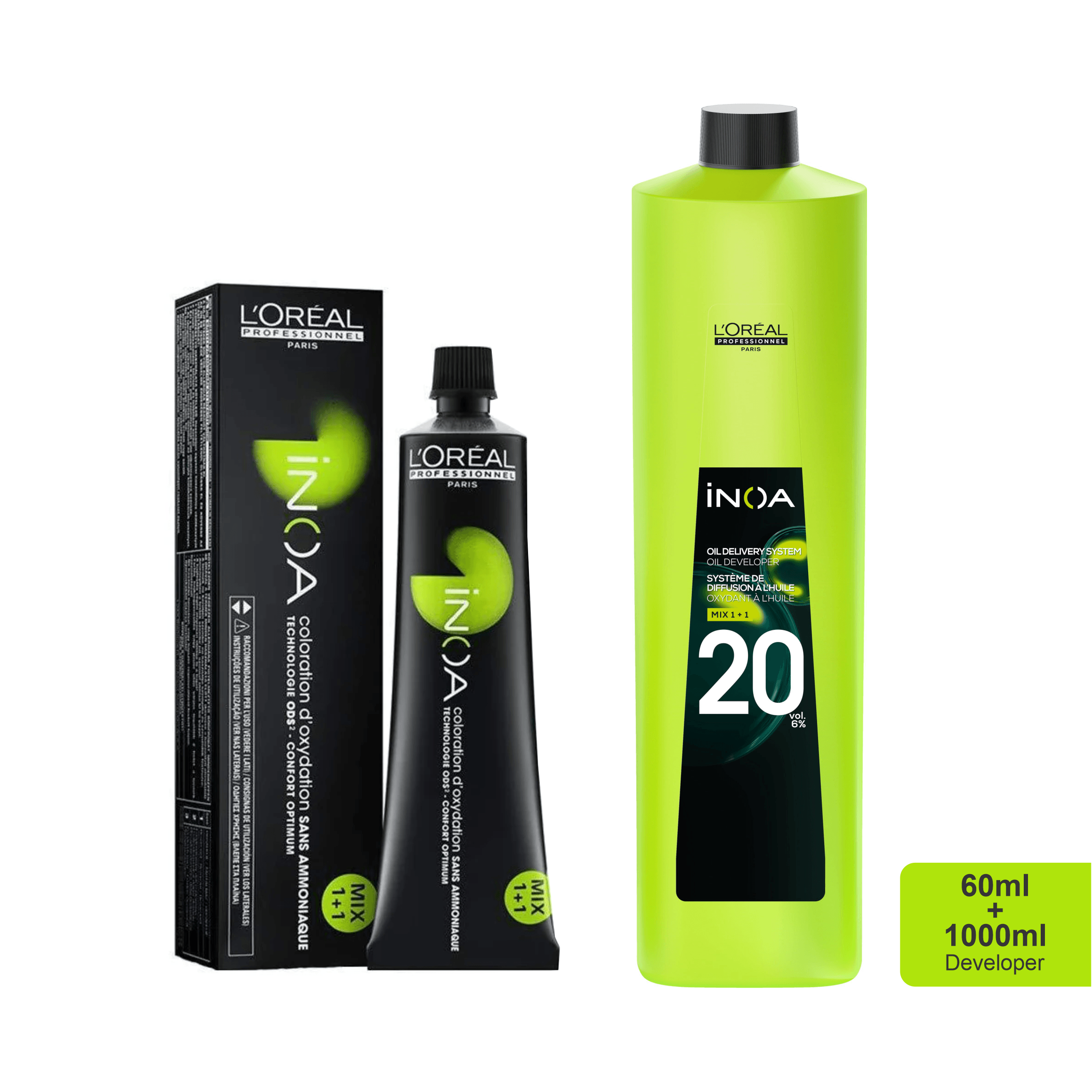 Loreal Inoa Ammonia Free Hair Color 60G 1 Black + 20Vol 6% Developer 1000Ml - Beauty Rush