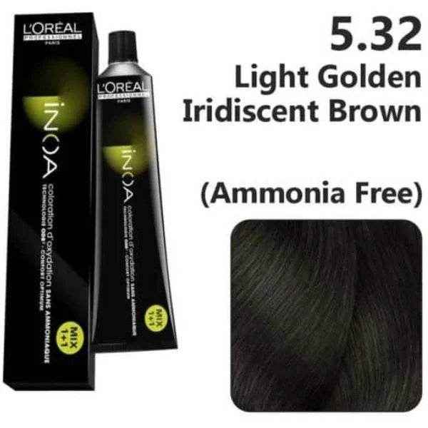 Loreal Inoa Hair Color 60G 5.32 Light Golden Iridescent Brown + Developer 90ml Combo - Beauty Rush