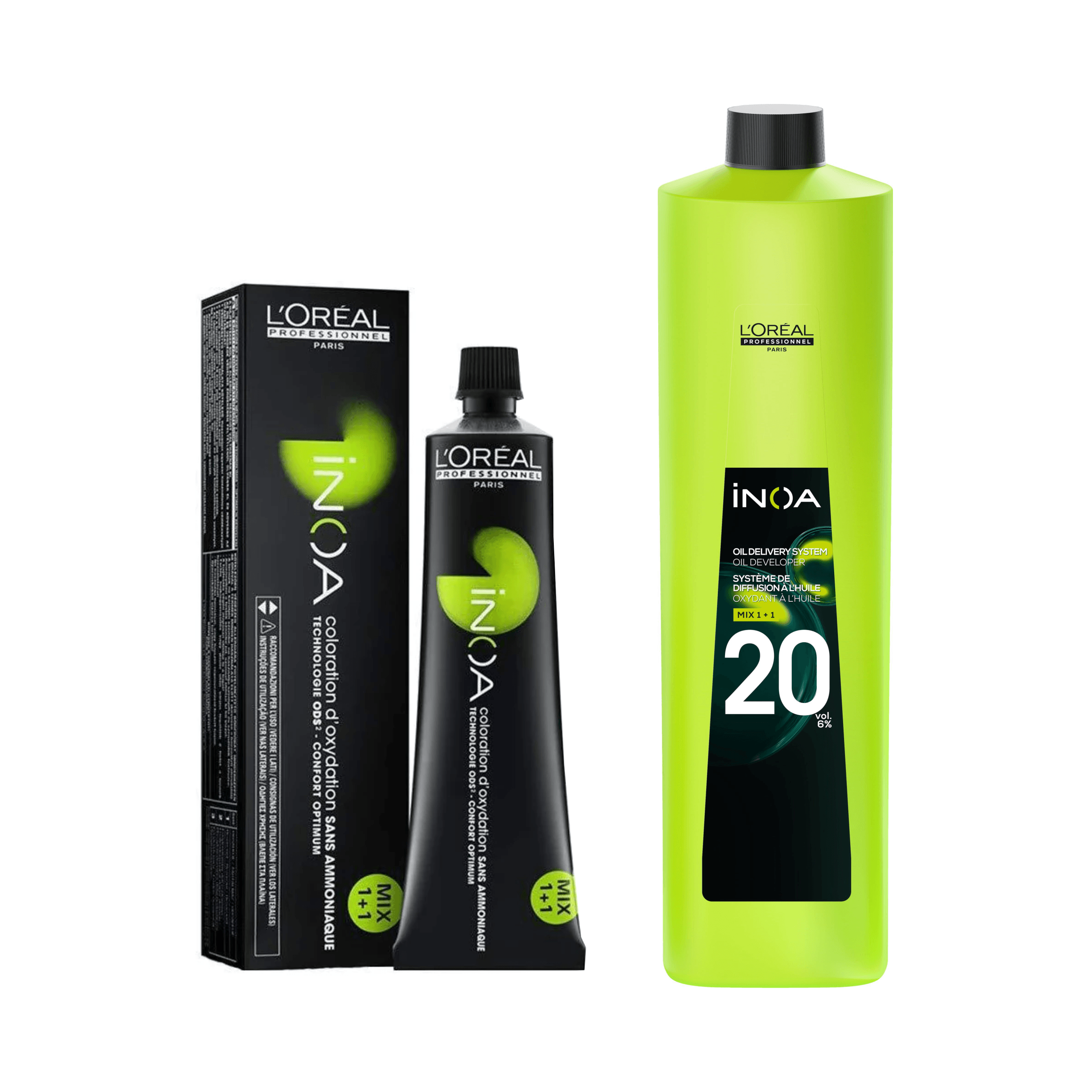 Loreal Inoa Ammonia Free Hair Color 60G 1 Black + 20Vol 6% Developer 1000Ml - Beauty Rush